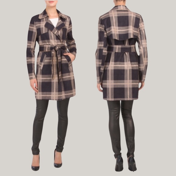 Solitaire | Belted Plaid Jacket | Brown | Faux Suede | Trench | NWT | Large - Picture 2 of 16